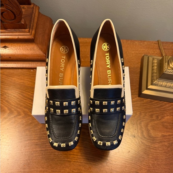 Tory Burch Perfect Black/Dulce De Leche Leather Studded Loafer Heel Size 5 $350 - Picture 5 of 14